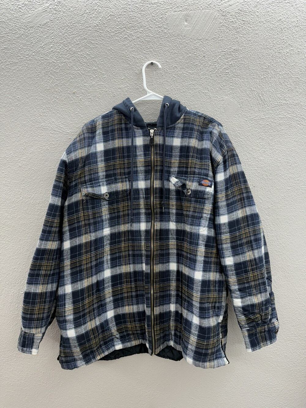 Dickies Mens Flannel Jacket Size XL Plaid Blue Lined Quilted Button Up Hooded